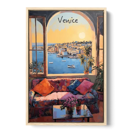 Open Window Painting of the Venice Lagoon - Oak Framed Canvas Wall Art - Front