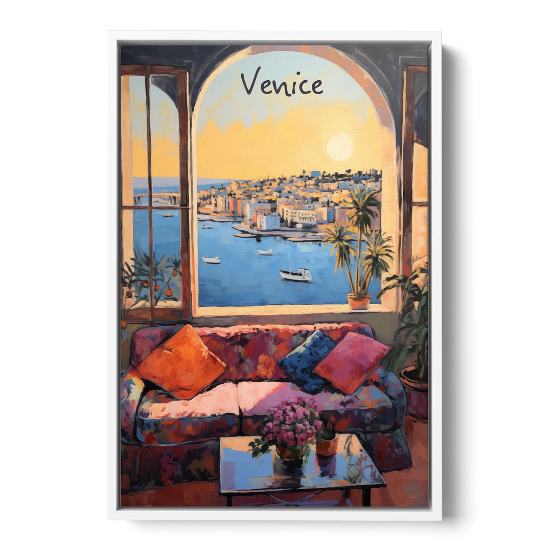 Open Window Painting of the Venice Lagoon - White Framed Canvas Wall Art - Front