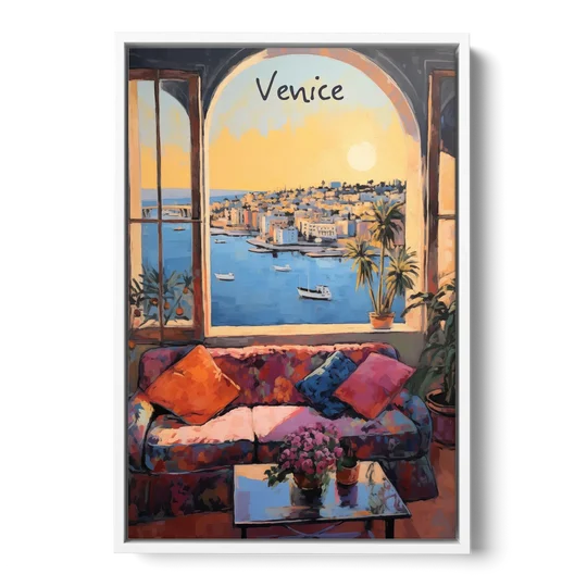 Open Window Painting of the Venice Lagoon - White Framed Canvas Wall Art - Front