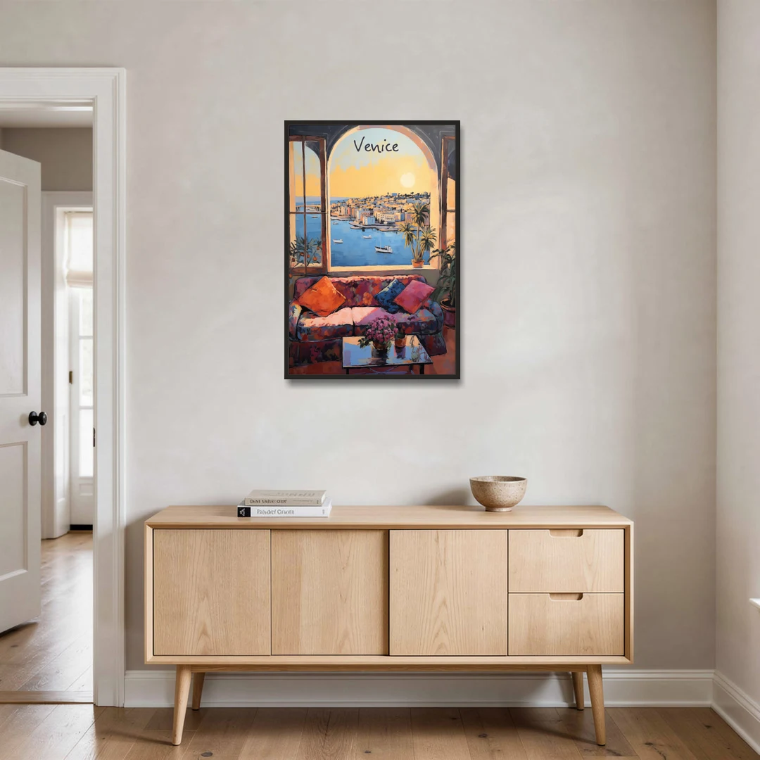 Open Window Painting of the Venice Lagoon - Black Framed Canvas Wall Art - Coffee Table - 24x36