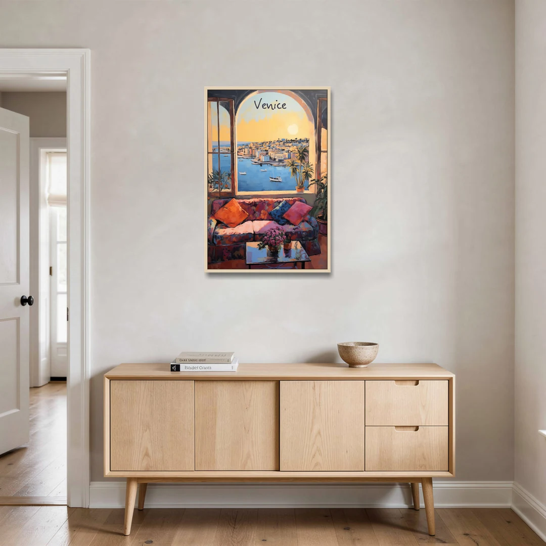 Open Window Painting of the Venice Lagoon - Oak Framed Canvas Wall Art - Coffee Table - 24x36
