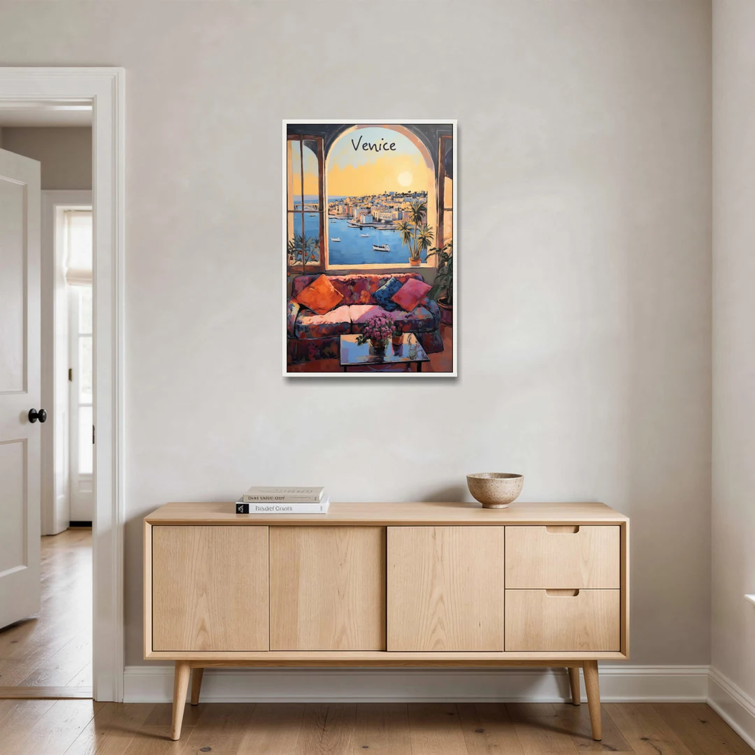 Open Window Painting of the Venice Lagoon - White Framed Canvas Wall Art - Coffee Table - 24x36