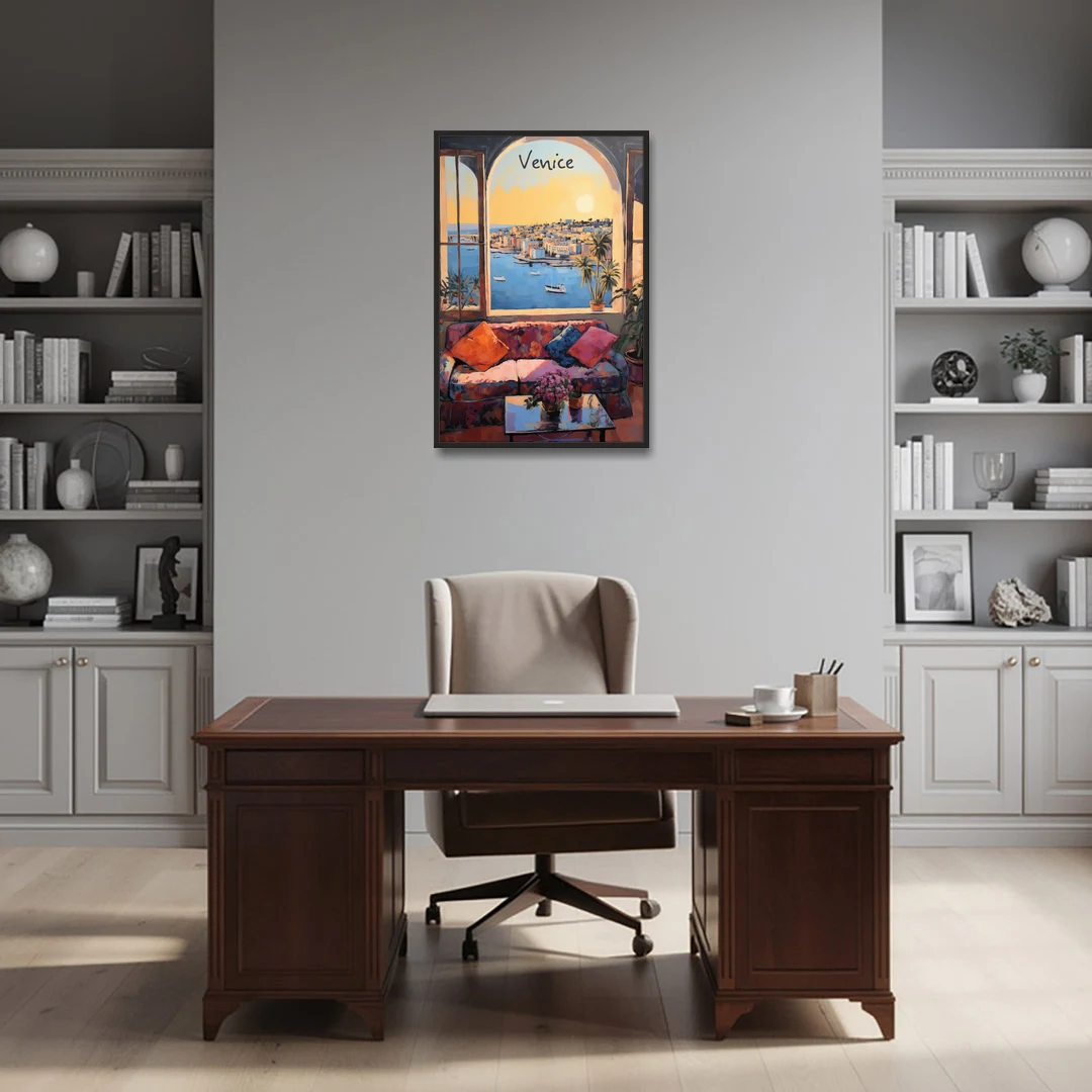 Open Window Painting of the Venice Lagoon - Black Framed Canvas Wall Art - Office - 24x36