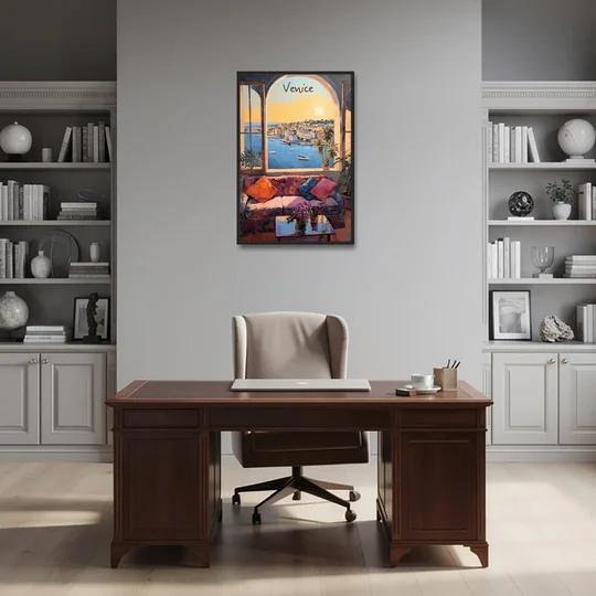 Open Window Painting of the Venice Lagoon - Black Framed Canvas Wall Art - Office - 24x36