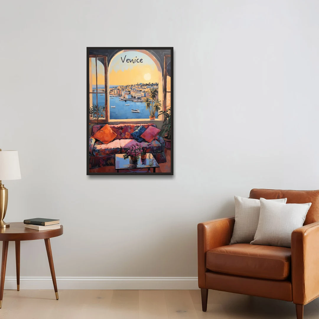 Open Window Painting of the Venice Lagoon - Black Framed Canvas Wall Art - Sofa - 24x36