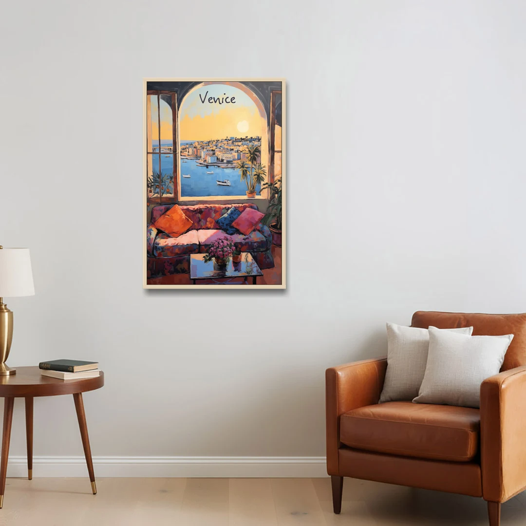 Open Window Painting of the Venice Lagoon - Oak Framed Canvas Wall Art - Sofa - 24x36