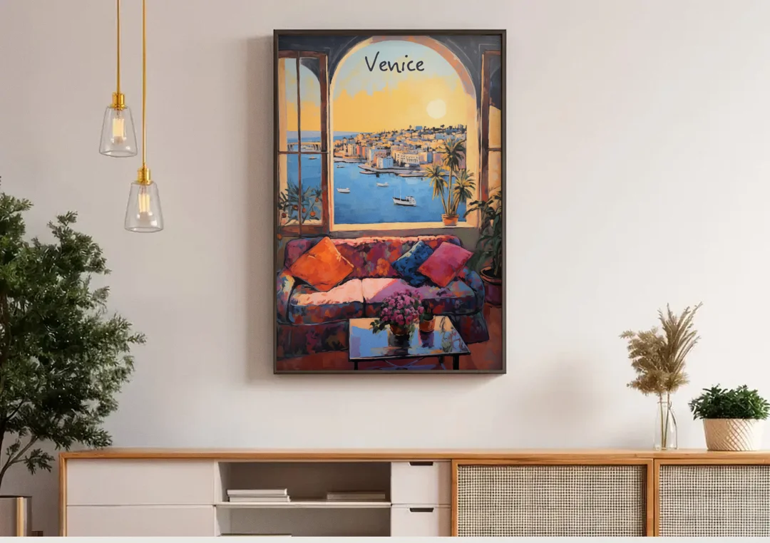 Open Window Painting of the Venice Lagoon canvas wall art above a wooden sideboard under pendant lights