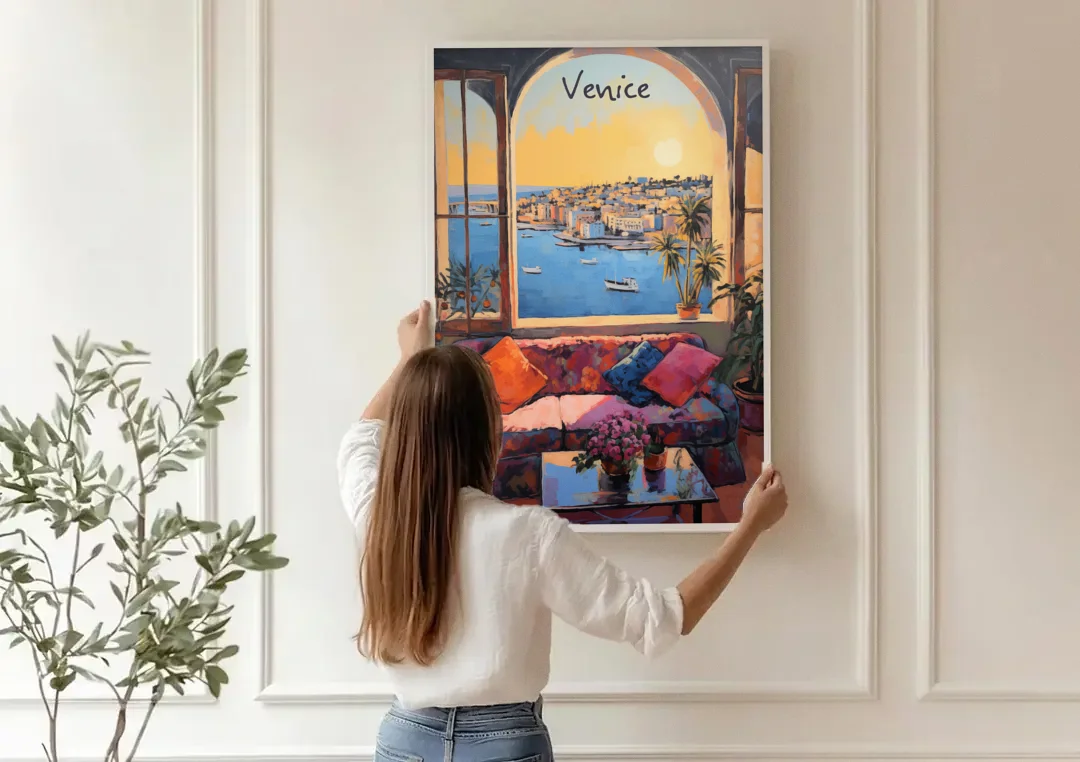 Open Window Painting of the Venice Lagoon canvas wall art being hung on a paneled wall