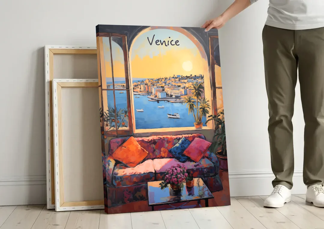 Open Window Painting of the Venice Lagoon canvas wall art leaning against a wall next to blank canvases