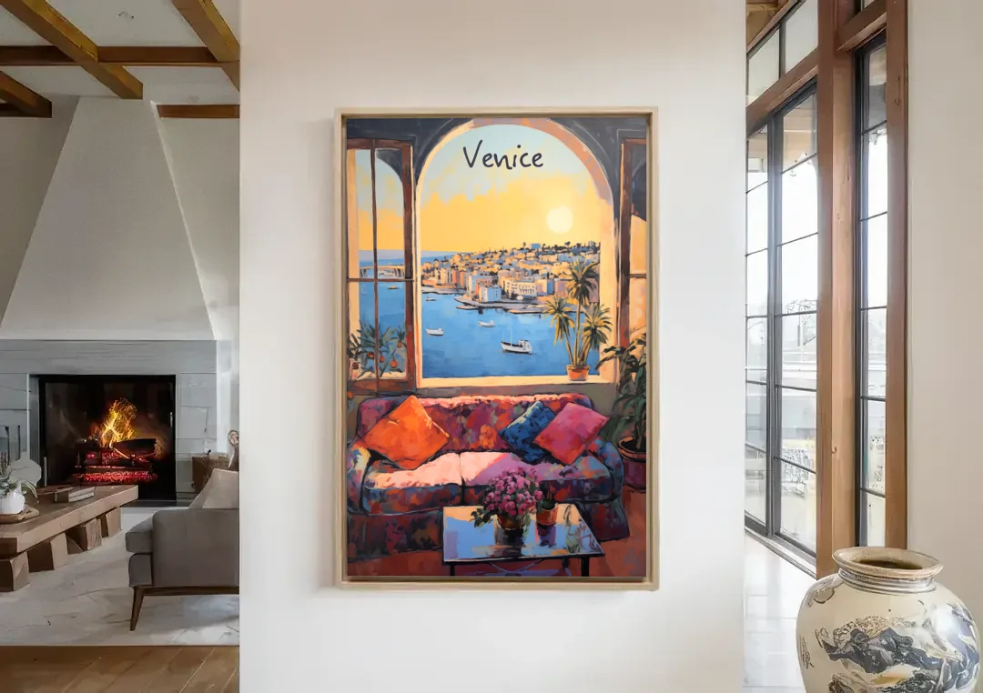 Open Window Painting of the Venice Lagoon canvas wall art in a living room with a fireplace