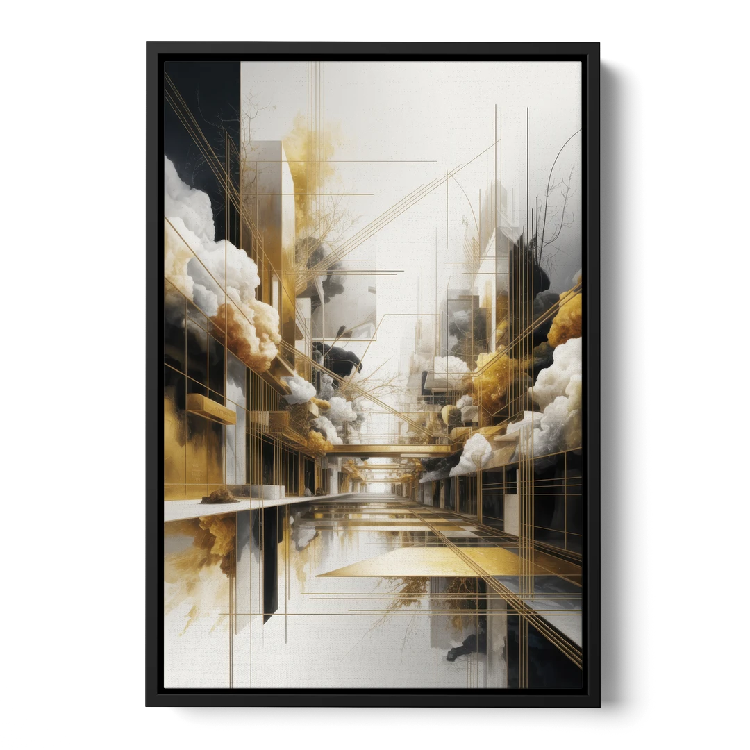 Opulent Abstract Elegance White and Gold - Black Framed Canvas Wall Art - Front
