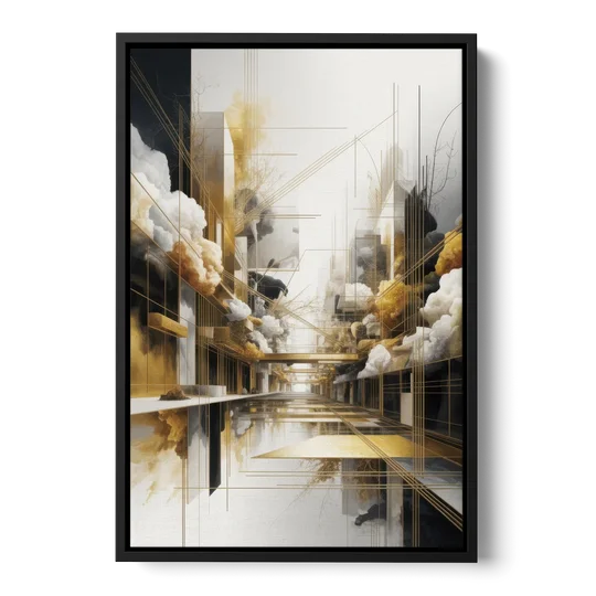 Opulent Abstract Elegance White and Gold - Black Framed Canvas Wall Art - Front
