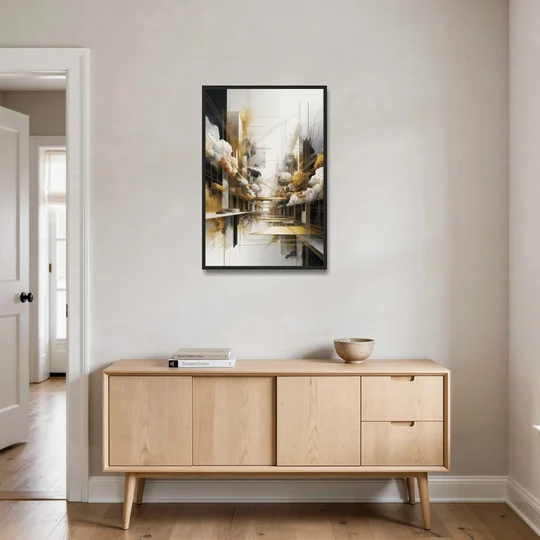 Opulent Abstract Elegance White and Gold - Black Framed Canvas Wall Art - Coffee Table - 24x36