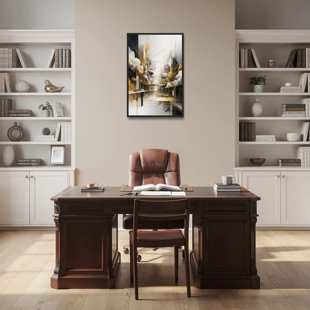Opulent Abstract Elegance White and Gold - Black Framed Canvas Wall Art - Office - 24x36