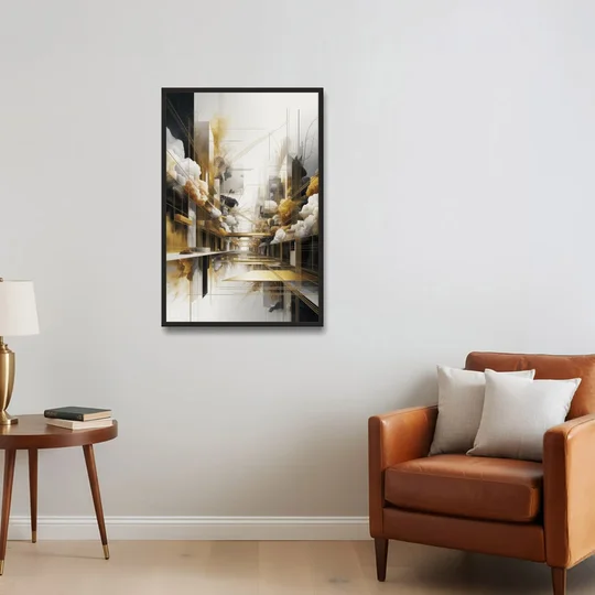 Opulent Abstract Elegance White and Gold - Black Framed Canvas Wall Art - Sofa - 24x36