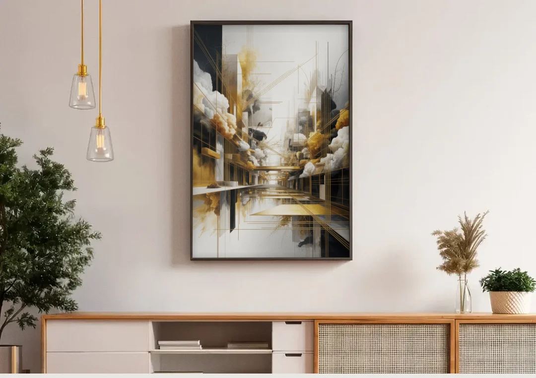 Opulent Abstract Elegance White and Gold canvas wall art above a wooden sideboard under pendant lights