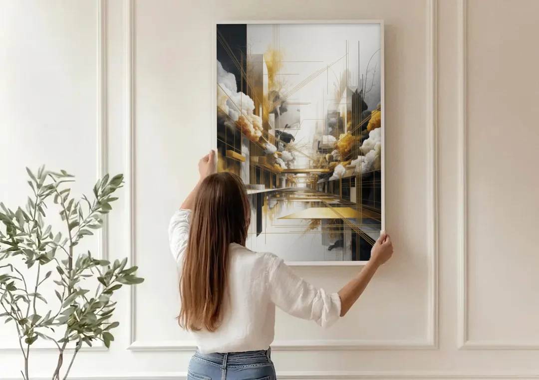 Opulent Abstract Elegance White and Gold canvas wall art being hung on a paneled wall