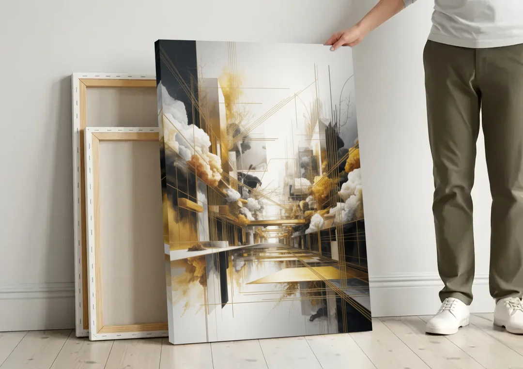 Opulent Abstract Elegance White and Gold canvas wall art leaning against a wall next to blank canvases