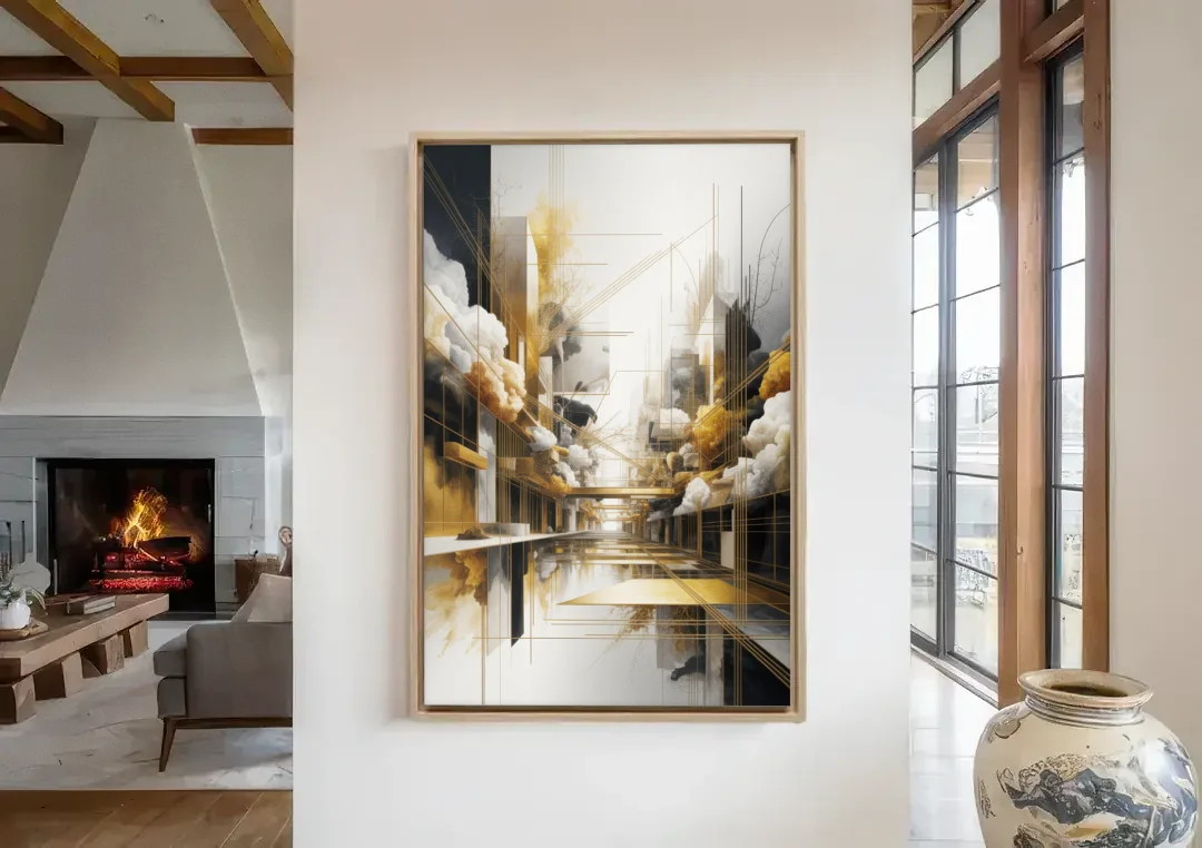Opulent Abstract Elegance White and Gold canvas wall art in a living room with a fireplace