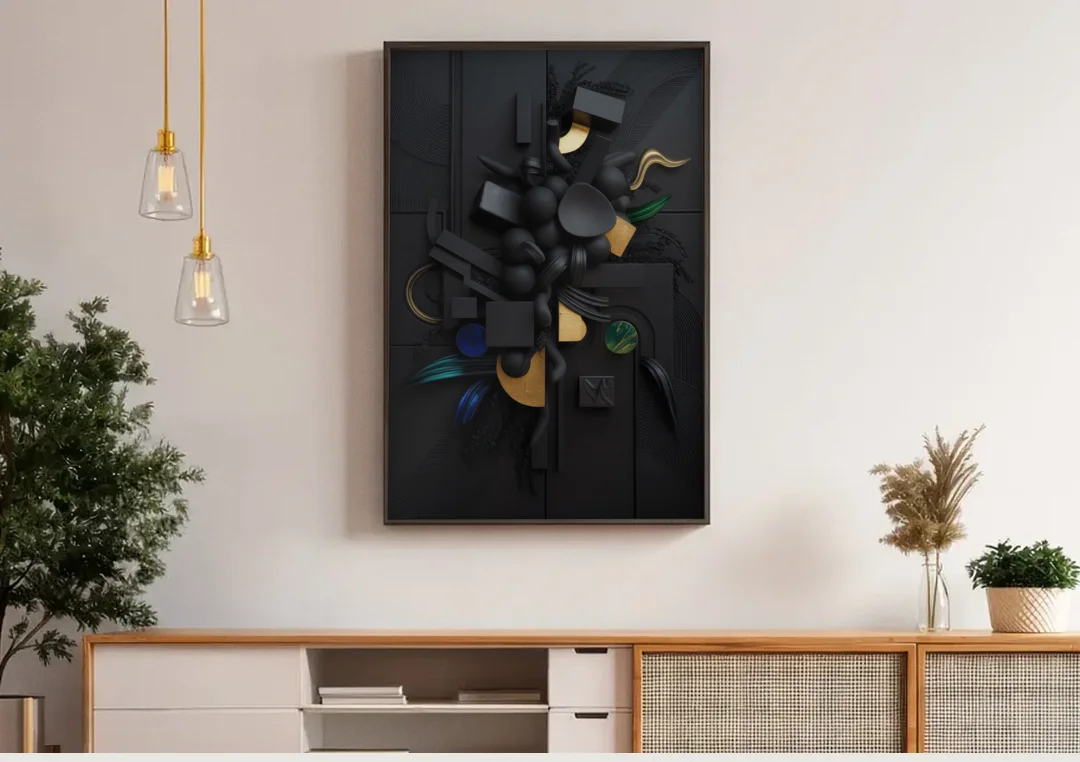Opulent Contrast Black Abstract canvas wall art above a wooden sideboard under pendant lights