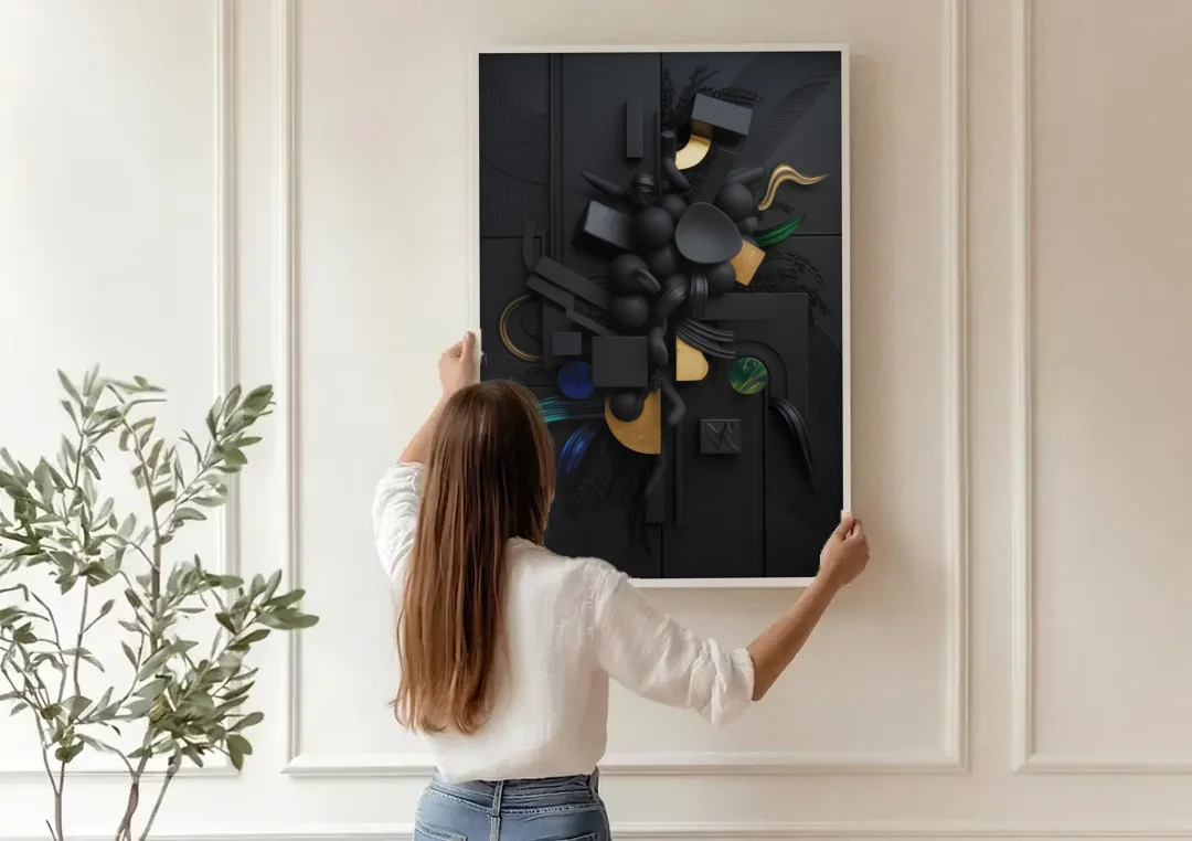 Opulent Contrast Black Abstract canvas wall art being hung on a paneled wall
