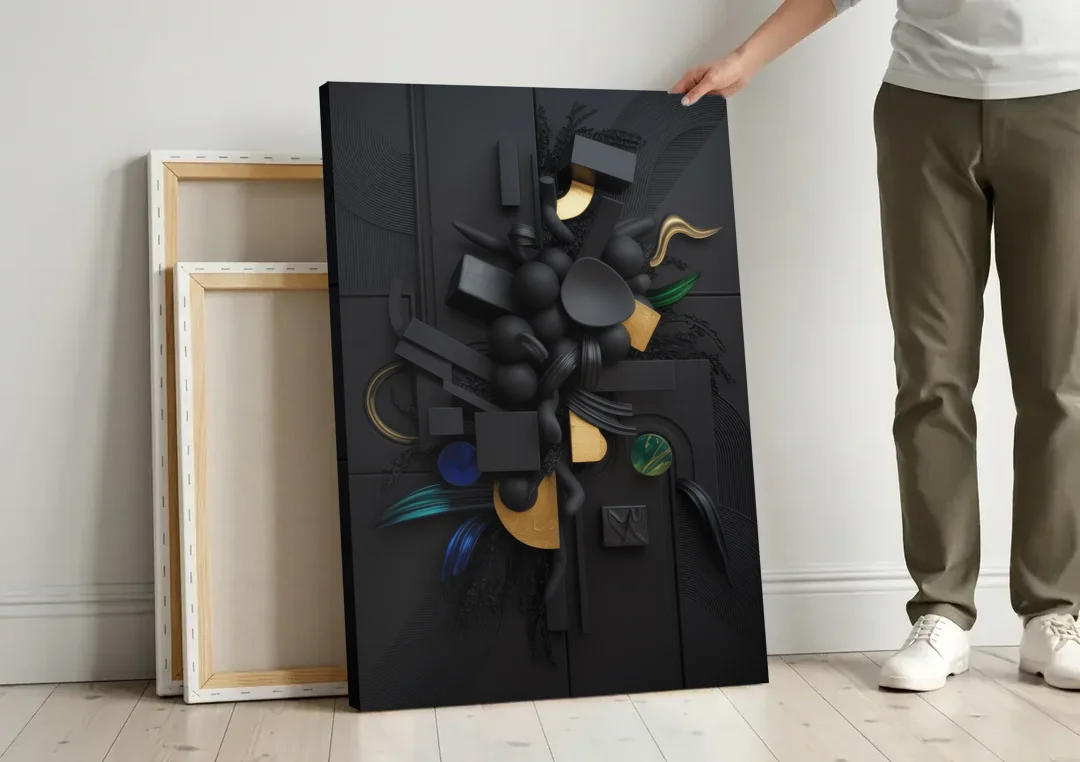 Opulent Contrast Black Abstract canvas wall art leaning against a wall next to blank canvases