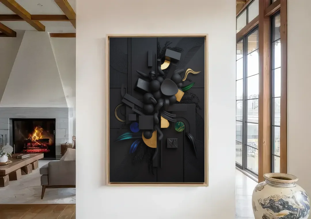 Opulent Contrast Black Abstract canvas wall art in a living room with a fireplace
