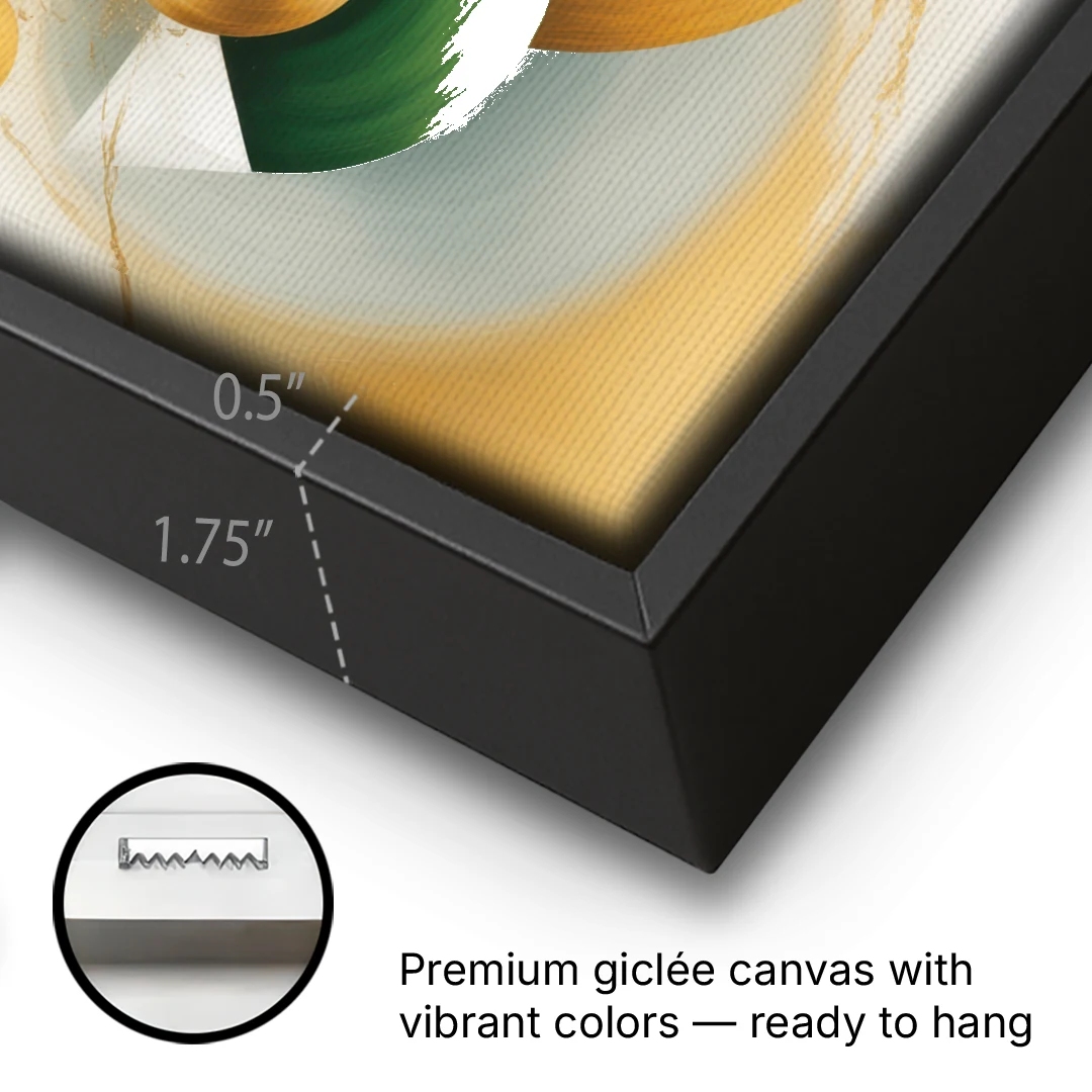 Opulent Floating Forms Gold Abstract - Black Framed Canvas Wall Art - Gallery Wrap Corner