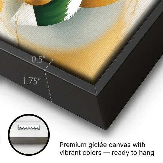Opulent Floating Forms Gold Abstract - Black Framed Canvas Wall Art - Gallery Wrap Corner