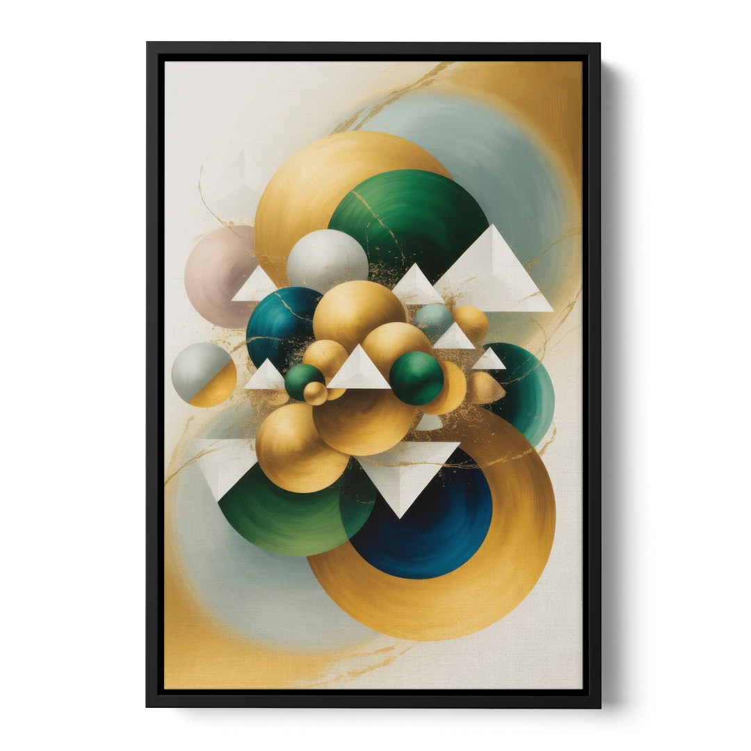 Opulent Floating Forms Gold Abstract - Black Framed Canvas Wall Art - Front