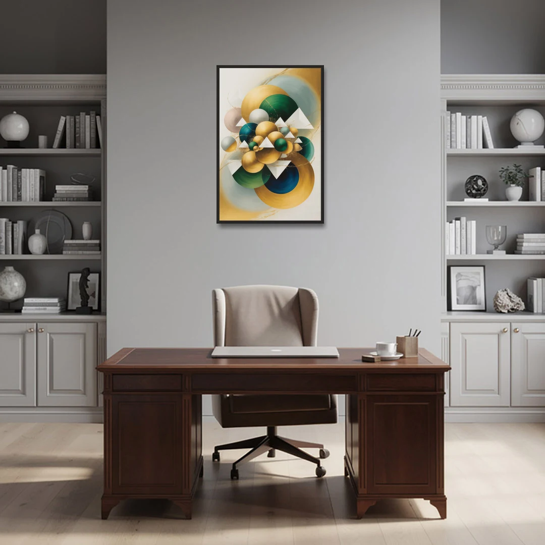 Opulent Floating Forms Gold Abstract - Black Framed Canvas Wall Art - Office - 24x36