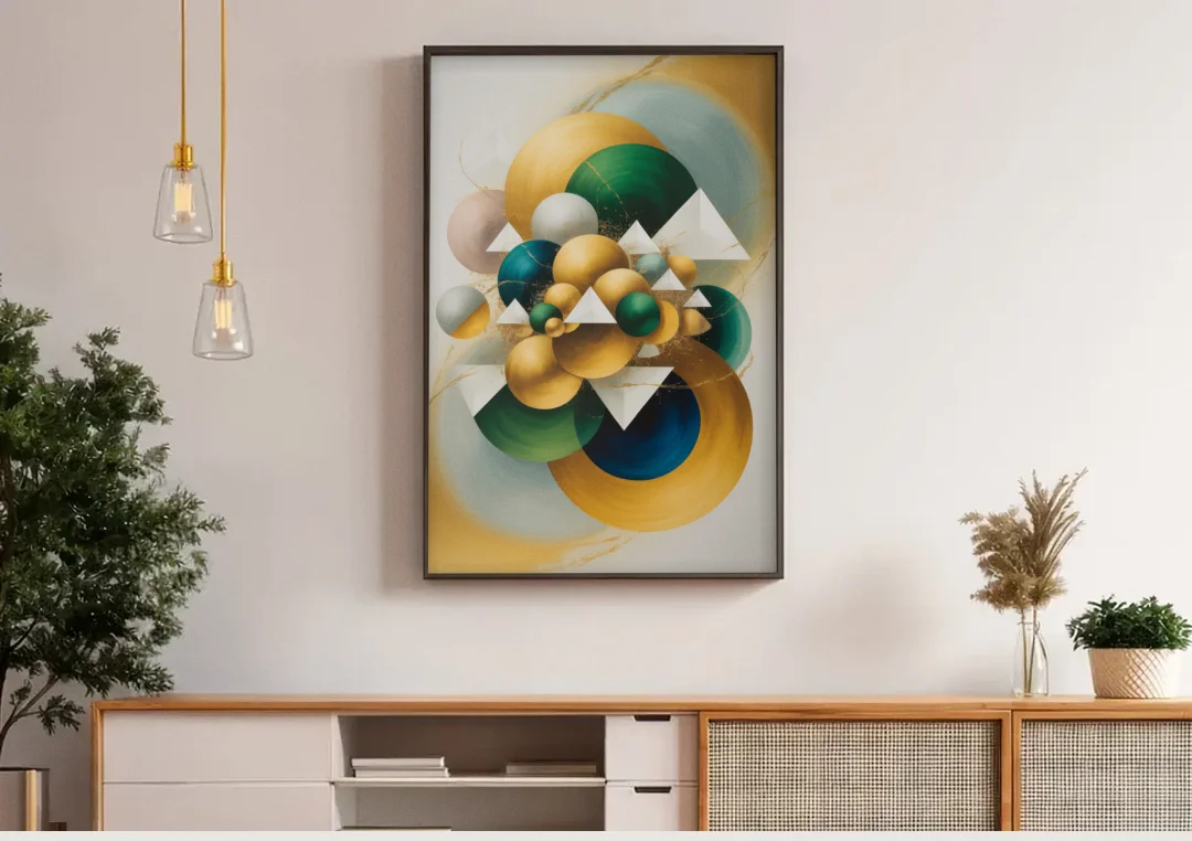 Opulent Floating Forms Gold Abstract canvas wall art above a wooden sideboard under pendant lights