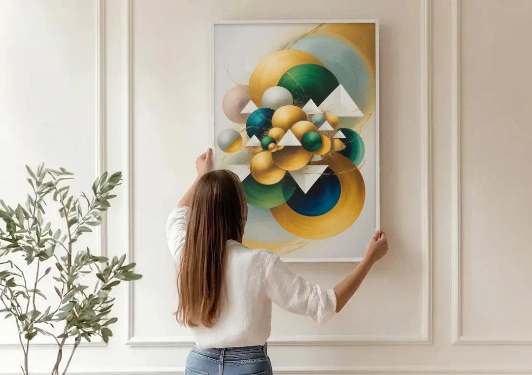 Opulent Floating Forms Gold Abstract canvas wall art being hung on a paneled wall