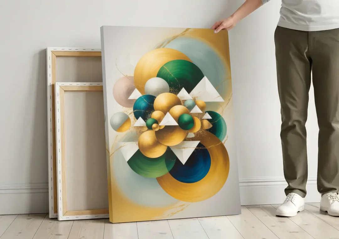 Opulent Floating Forms Gold Abstract canvas wall art leaning against a wall next to blank canvases