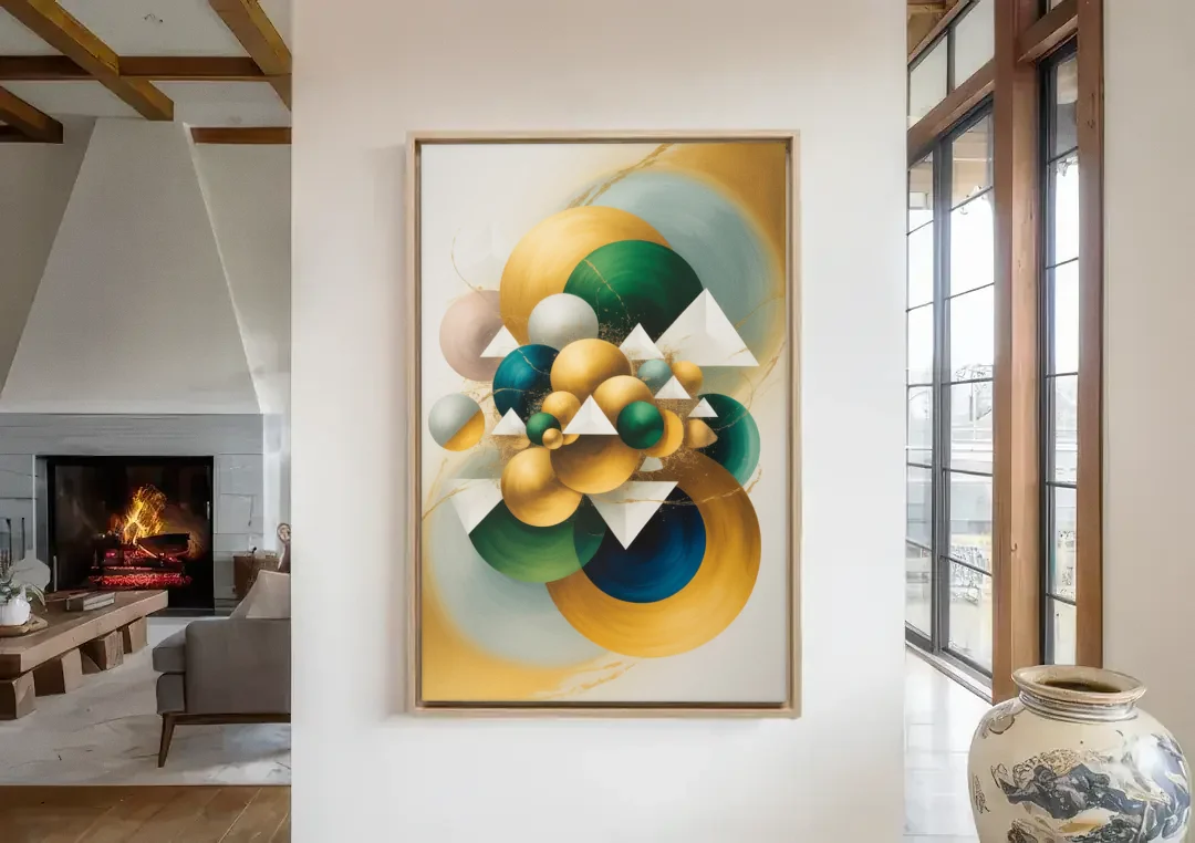 Opulent Floating Forms Gold Abstract canvas wall art in a living room with a fireplace