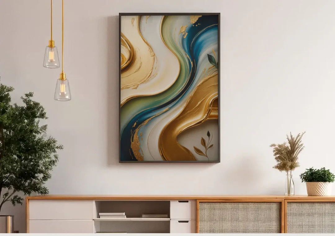 Opulent Flowing Forms Gold Abstract canvas wall art above a wooden sideboard under pendant lights