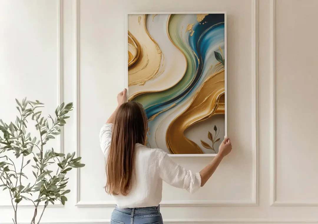 Opulent Flowing Forms Gold Abstract canvas wall art being hung on a paneled wall