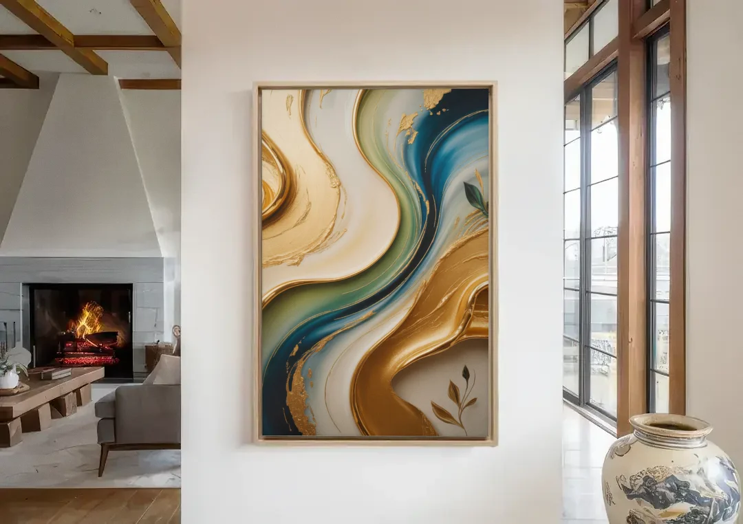 Opulent Flowing Forms Gold Abstract canvas wall art in a living room with a fireplace