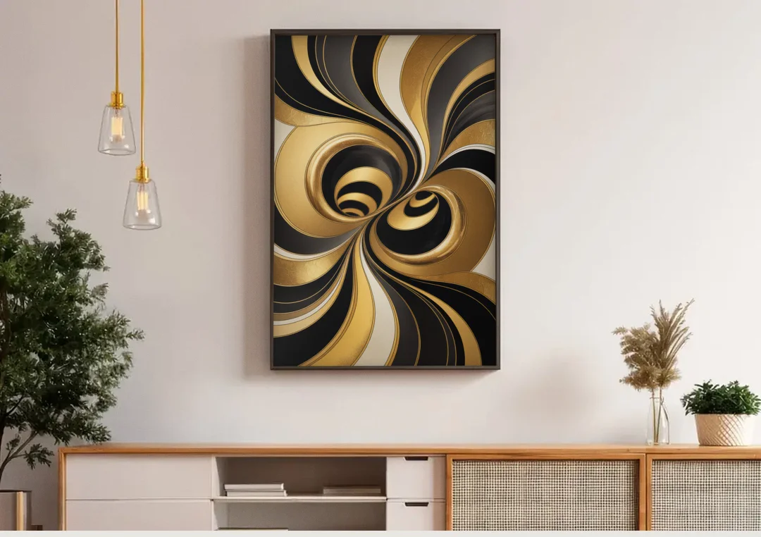 Opulent Fluidity in Black and Gold Abstract canvas wall art above a wooden sideboard under pendant lights