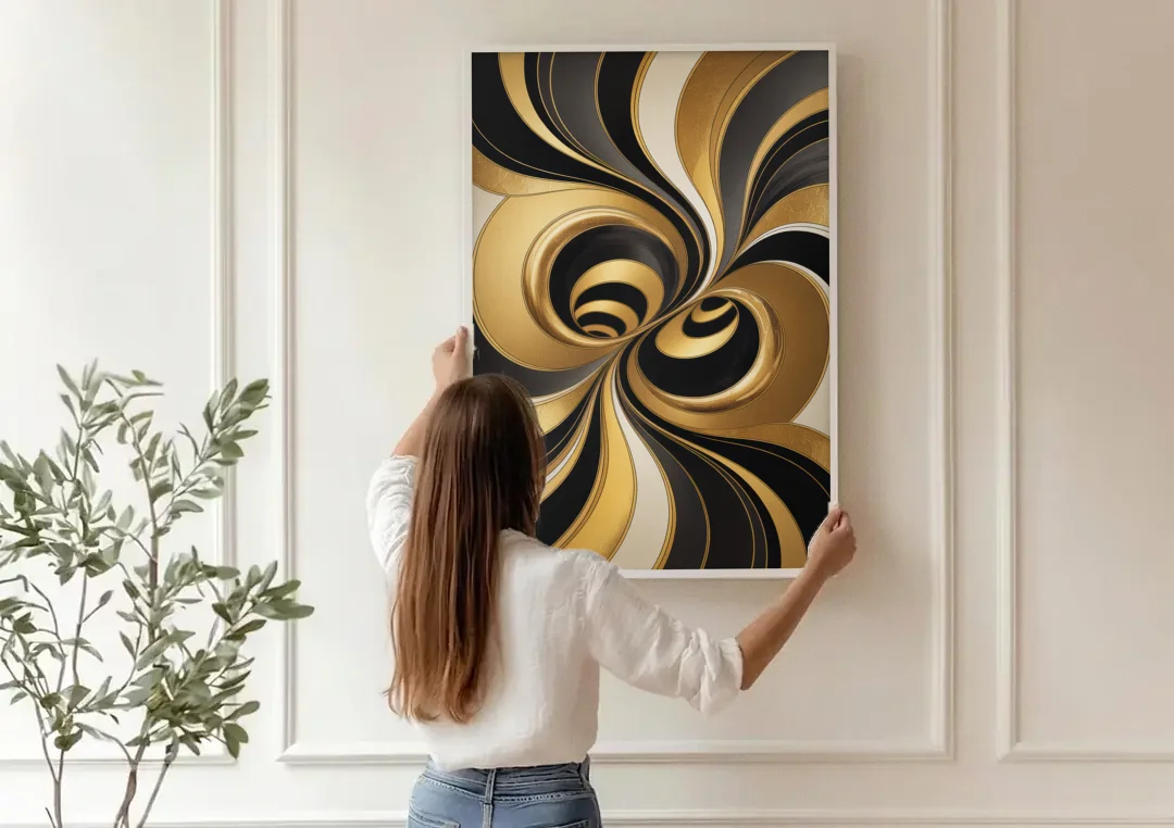 Opulent Fluidity in Black and Gold Abstract canvas wall art being hung on a paneled wall