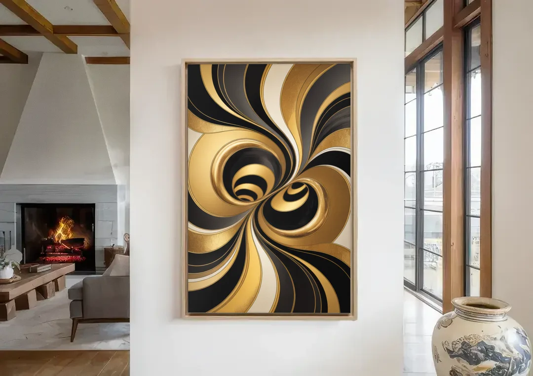 Opulent Fluidity in Black and Gold Abstract canvas wall art in a living room with a fireplace
