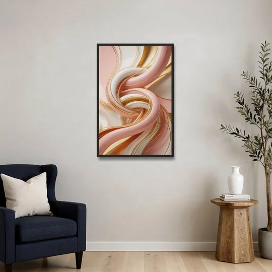 Opulent Fluidity in Pink and Gold Abstract - Black Framed Canvas Wall Art - Sofa - 24x36