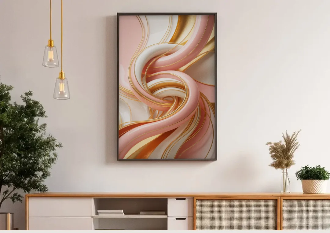 Opulent Fluidity in Pink and Gold Abstract canvas wall art above a wooden sideboard under pendant lights