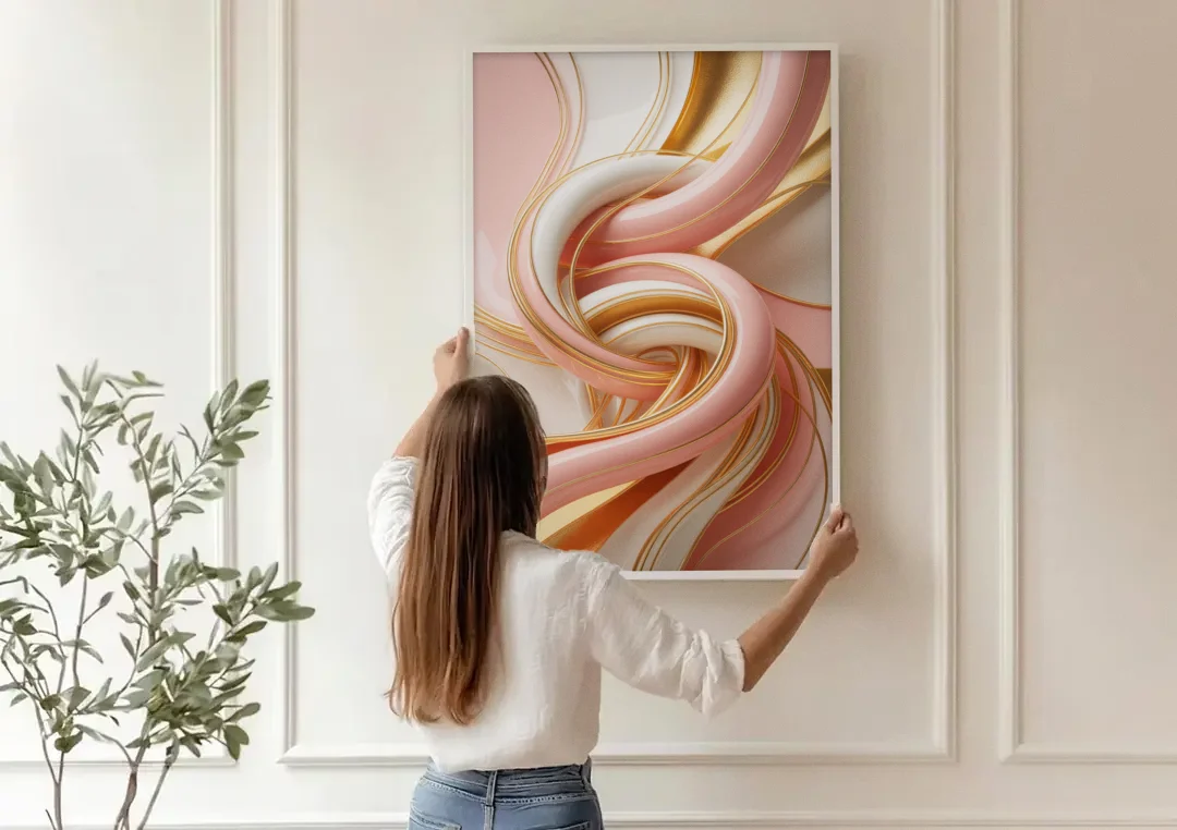 Opulent Fluidity in Pink and Gold Abstract canvas wall art being hung on a paneled wall