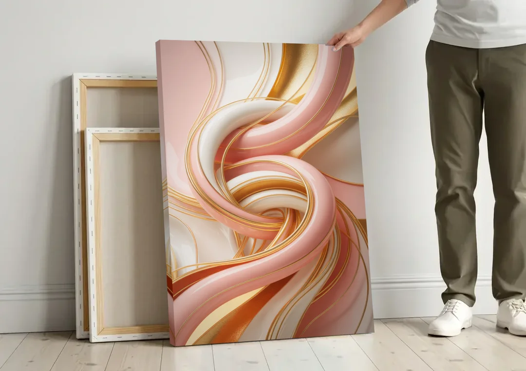 Opulent Fluidity in Pink and Gold Abstract canvas wall art leaning against a wall next to blank canvases