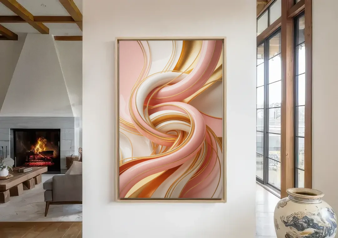 Opulent Fluidity in Pink and Gold Abstract canvas wall art in a living room with a fireplace