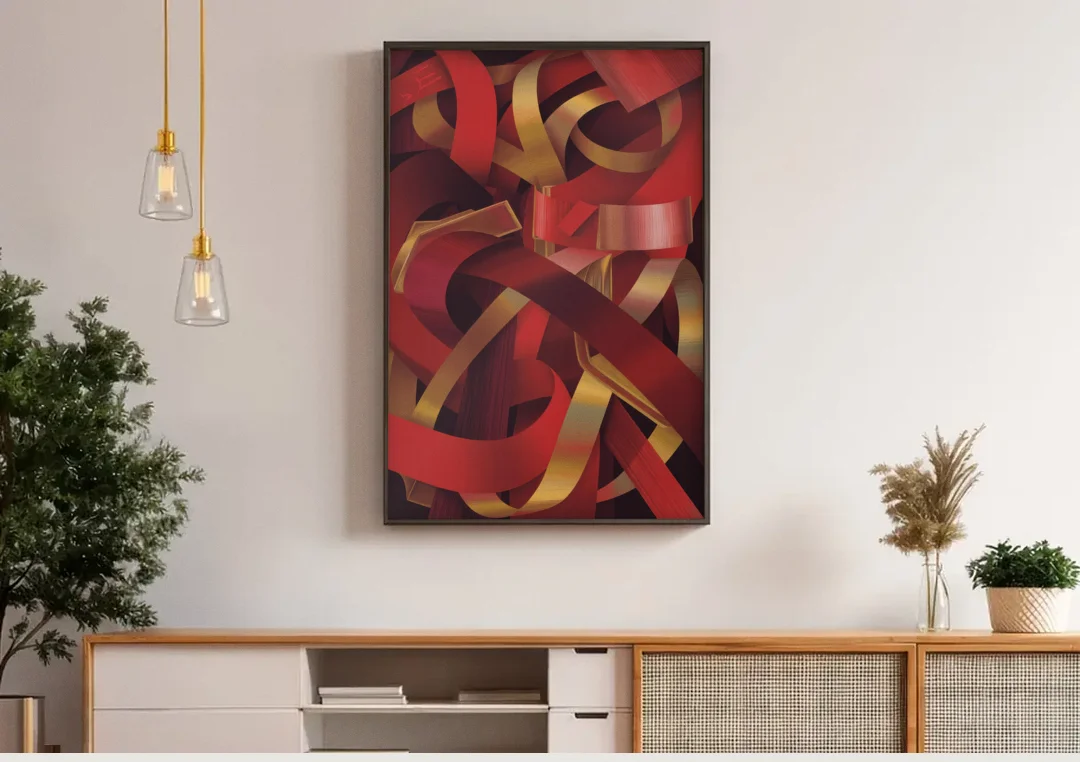 Opulent Fusion Red Abstract canvas wall art above a wooden sideboard under pendant lights