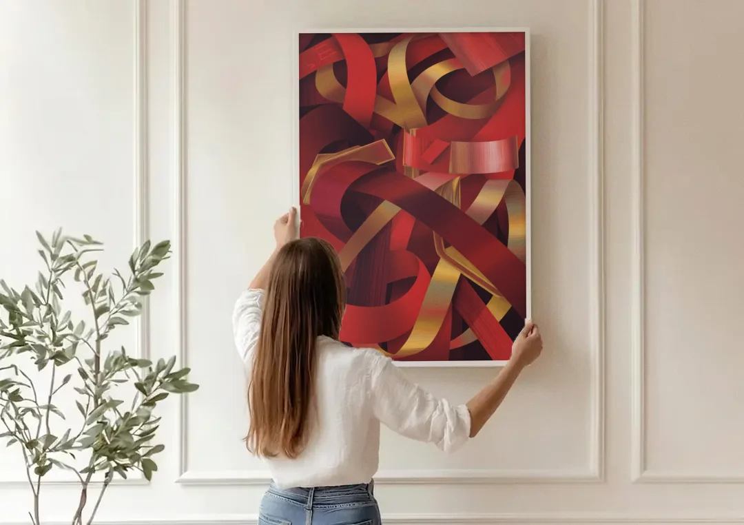 Opulent Fusion Red Abstract canvas wall art being hung on a paneled wall