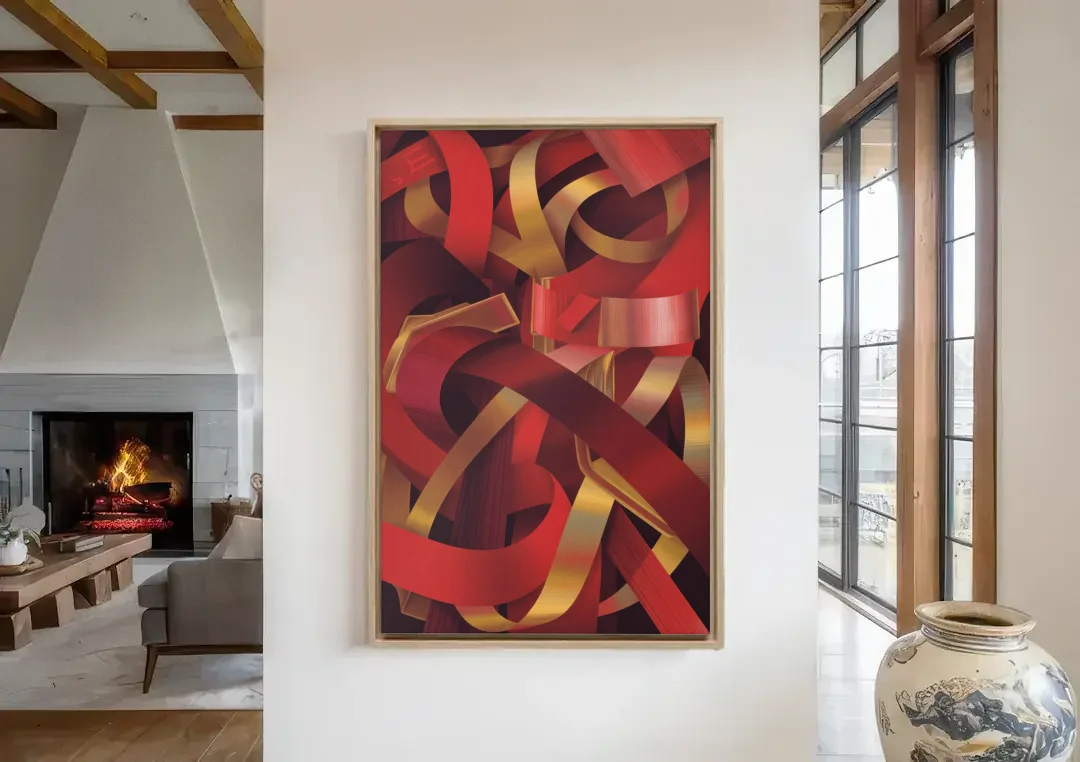 Opulent Fusion Red Abstract canvas wall art in a living room with a fireplace