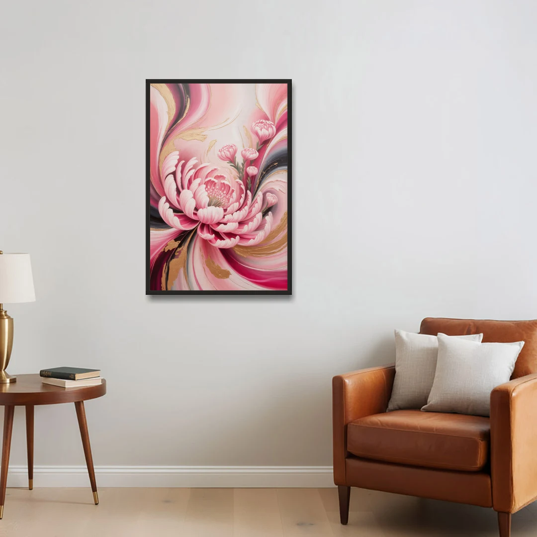 Opulent Garden Radiance Pink Abstract - Black Framed Canvas Wall Art - Sofa - 24x36